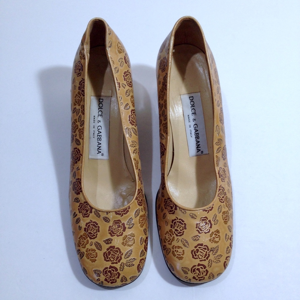 DOLCE & GABBANA Rose Print LEATHER Heels Size 7 - Picture 2 of 8